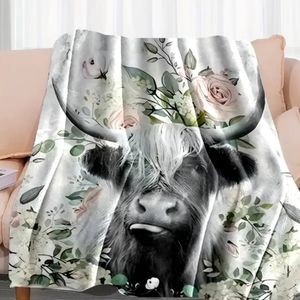 Highland Cow fleece throw pink gray